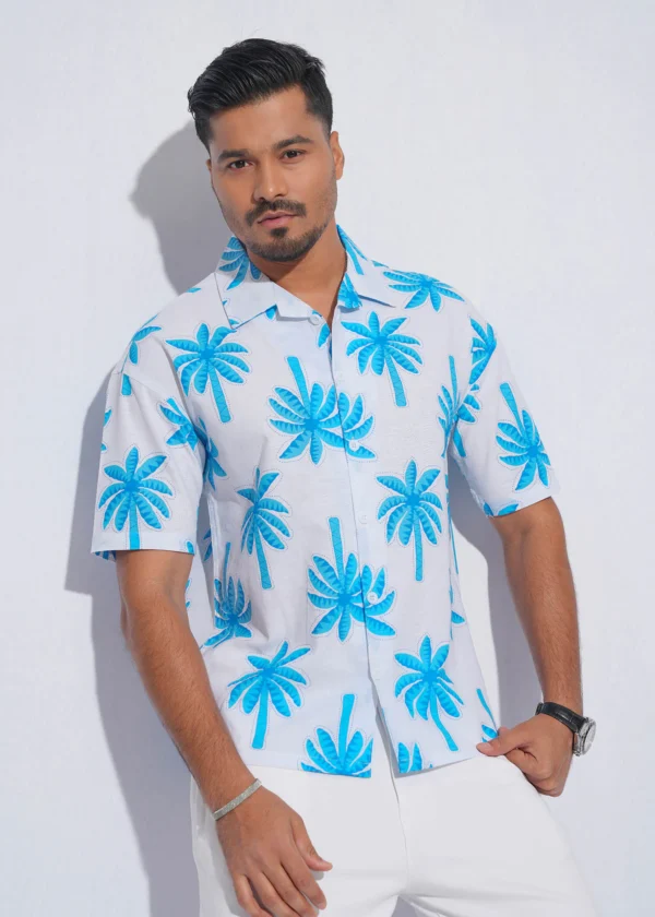 DSC03902 Tropical Palm Print Oversized Half Shirt