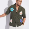 Flower Patch Oversized Half Shirt - Olive
