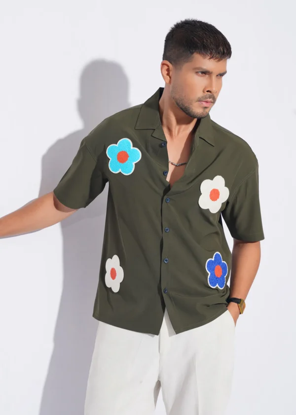 Flower Patch Oversized Half Shirt - Olive