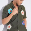Flower Patch Oversized Half Shirt - Olive