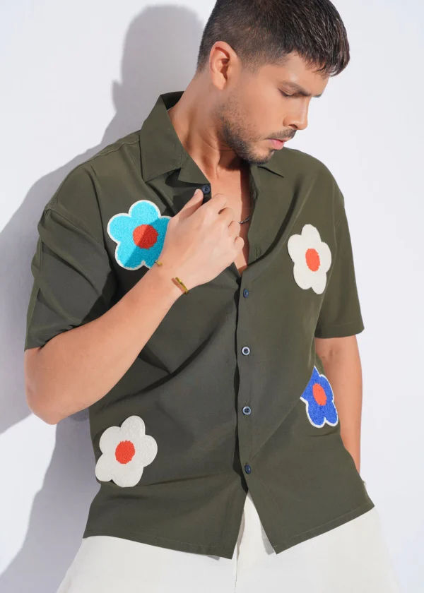 Flower Patch Oversized Half Shirt - Olive