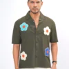 Flower Patch Oversized Half Shirt - Olive