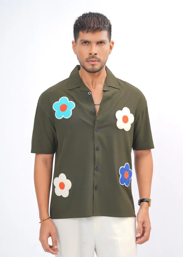 Flower Patch Oversized Half Shirt - Olive