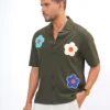 Flower Patch Oversized Half Shirt - Olive