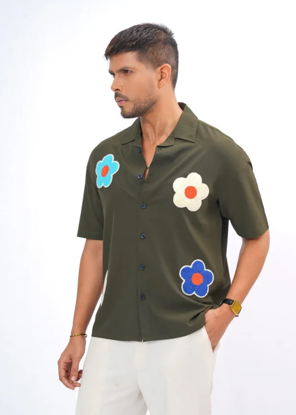 Flower Patch Oversized Half Shirt - Olive