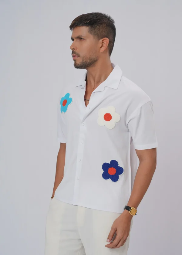 Flower Patch Oversized Half Shirt - White