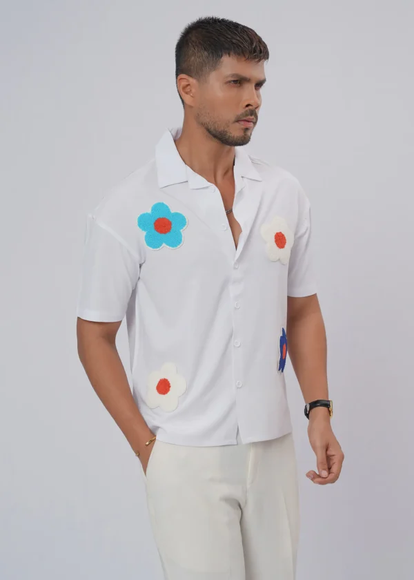 Flower Patch Oversized Half Shirt - White