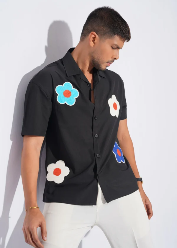 Flower Patch Oversized Half Shirt - Black