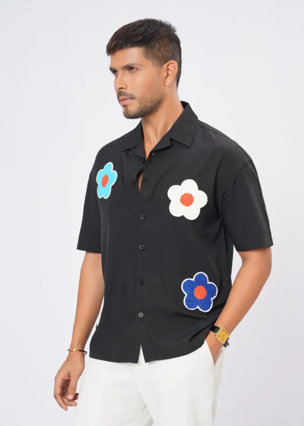 Flower Patch Oversized Half Shirt - Black