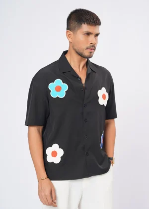 DSC03971 Flower Patch Oversized Half Shirt - Black