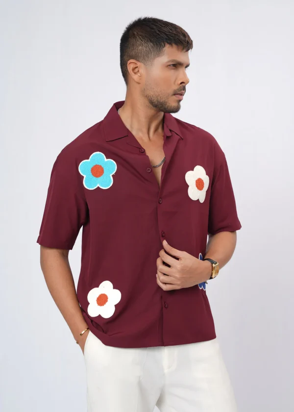 Flower Patch Oversized Half Shirt - Maroon