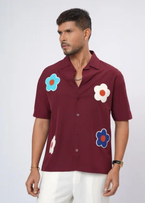 Flower Patch Oversized Half Shirt - Maroon