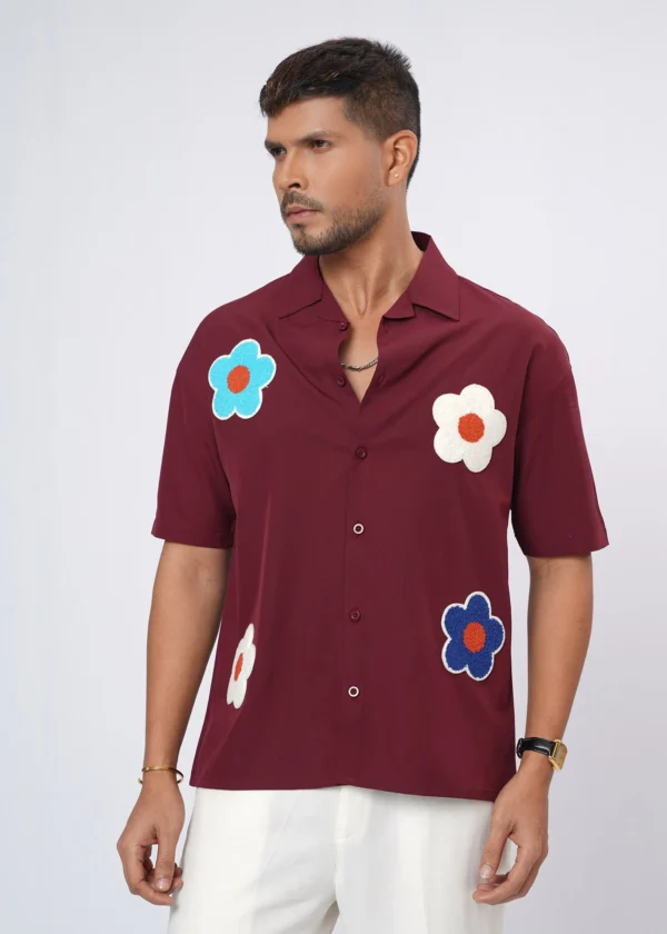Flower Patch Oversized Half Shirt - Maroon
