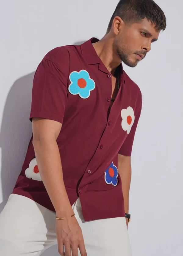 Flower Patch Oversized Half Shirt - Maroon